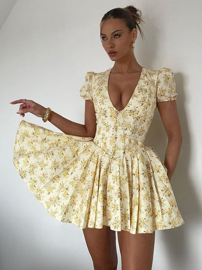 Summer Floral Pleated Midi Dress with Deep V-Neck