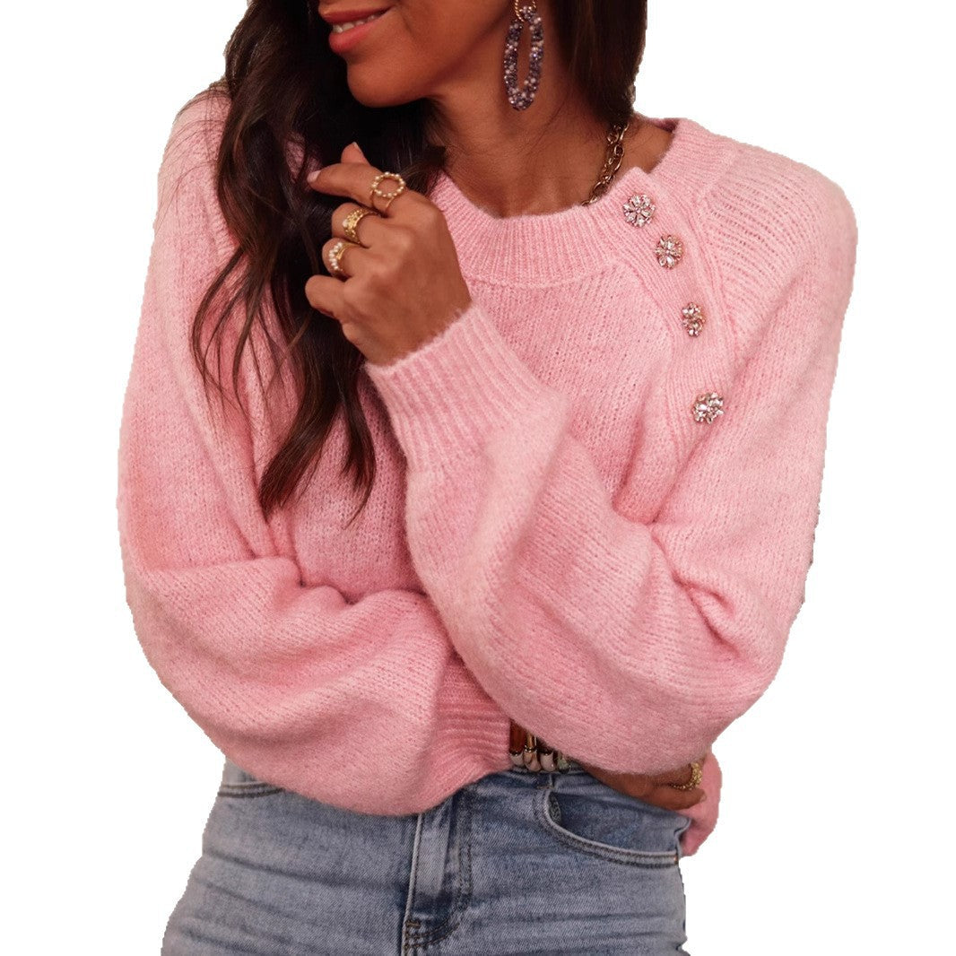 Elegant Round Neck Raglan Sleeves Knit Sweater
