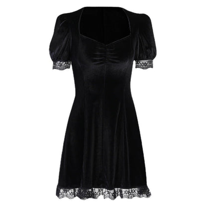 Elegant Lace Trim Puff Sleeve Dress Soft Fabric Casual Style