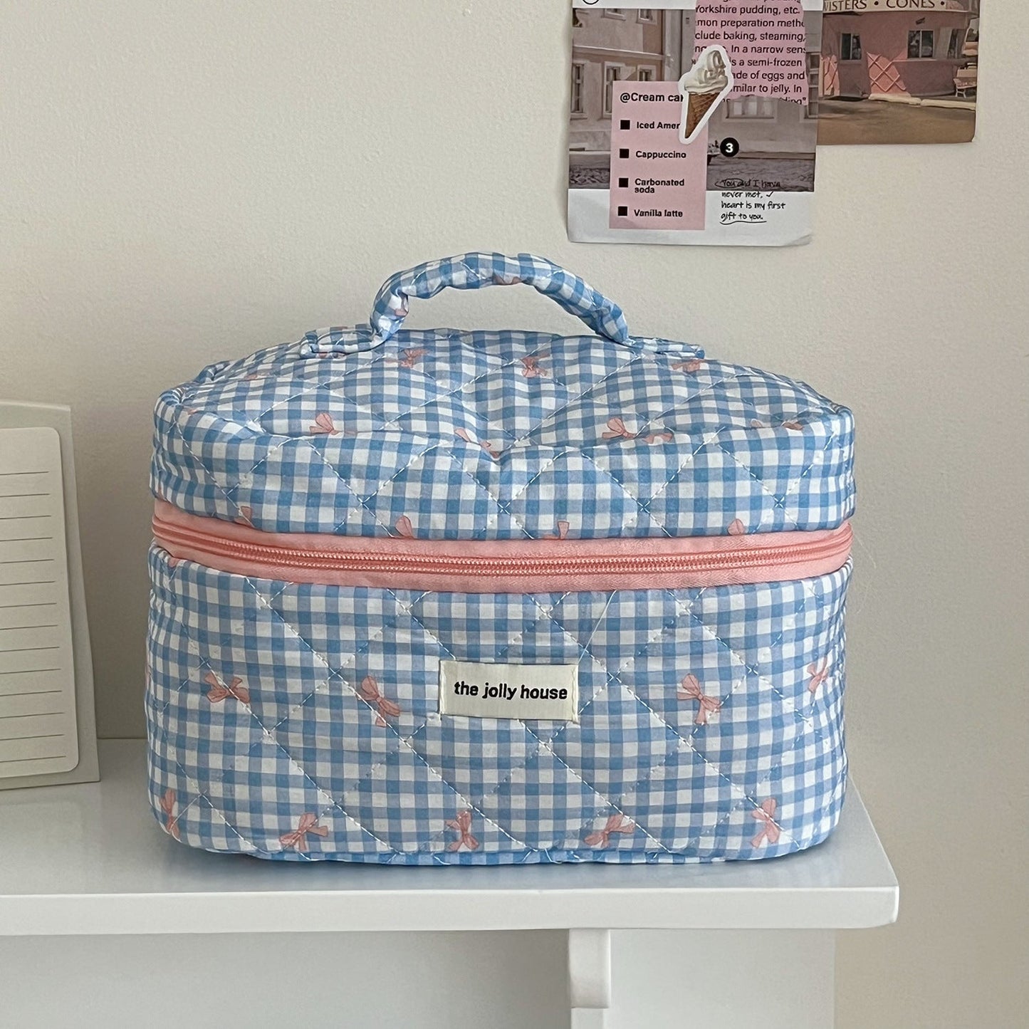 Large Capacity Plaid Bow Cosmetic Bag Retro Style