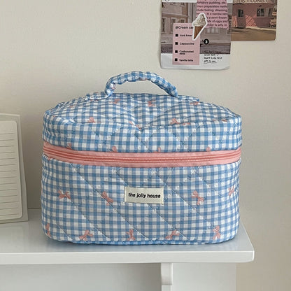 Large Capacity Plaid Bow Cosmetic Bag Retro Style