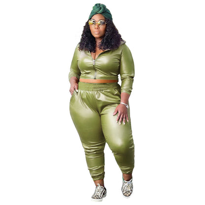 Plus Size Women'S Fashion Casual Two-Piece Pu Leather Set