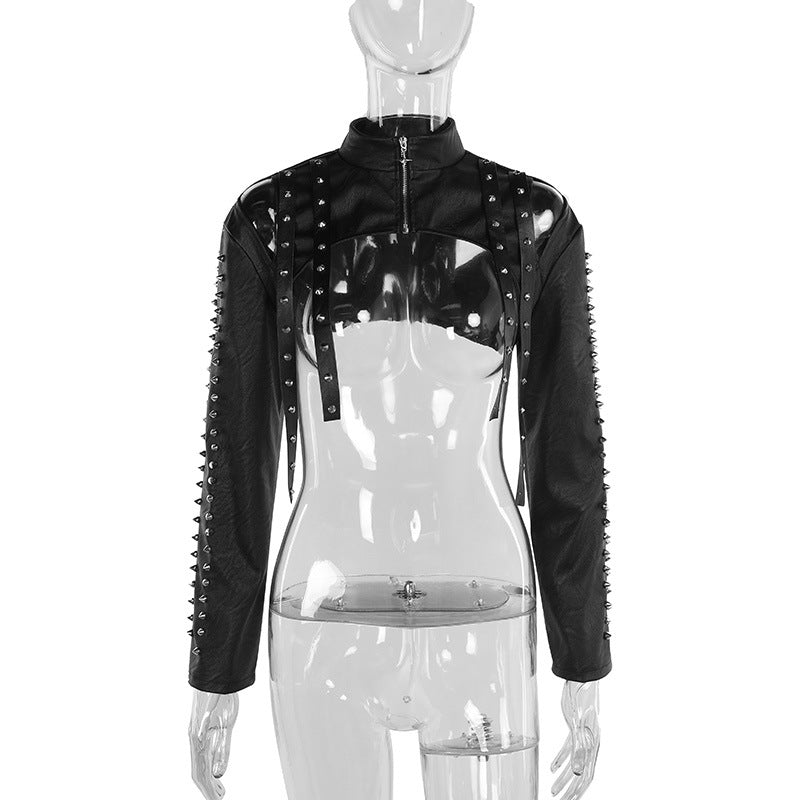 Sexy Fitted PU Zip-Up Top with Studs for Women