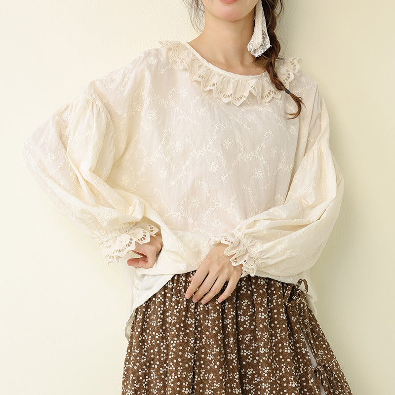 Sweet Plain Embroidered Lantern Sleeve Top Casual Loose Blouse
