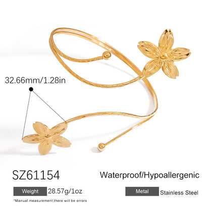 Trendy Stainless Steel Floral Bangle Bracelet - 18K Gold Plated