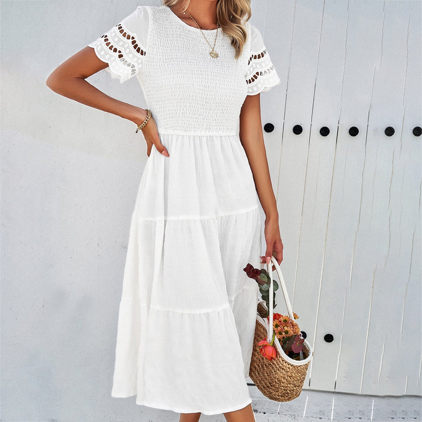 Casual Solid Color A-Line Dress with Short Sleeves