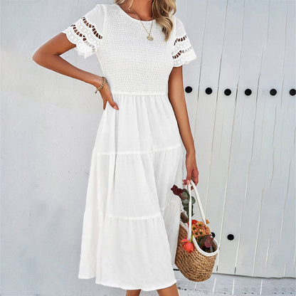Casual Solid Color A-Line Dress with Short Sleeves