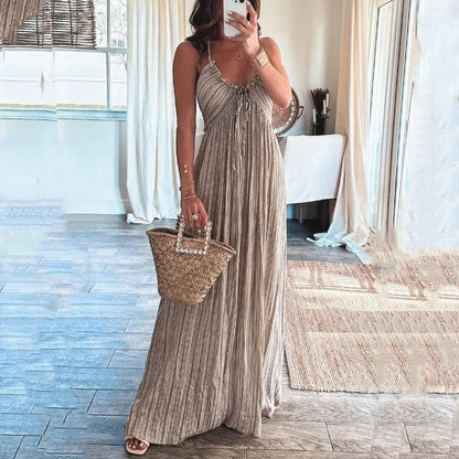 Summer New Solid Color Sexy Open Back U-Neck Strap Back Long Dress