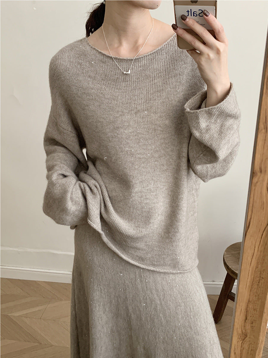 Casual Round Neck Sweater Maxi Skirt Set