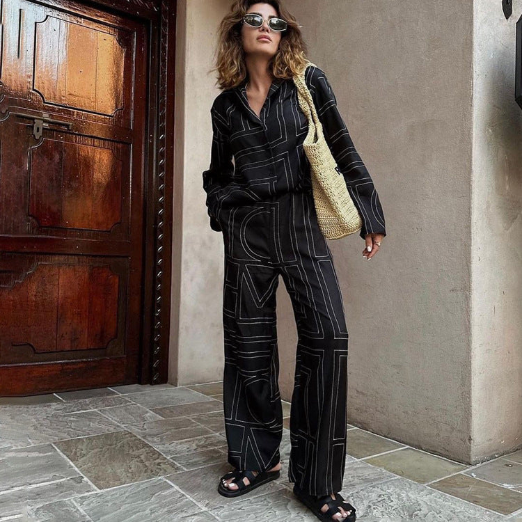 Letter Print Satin Long Sleeve Shirt & Pants Set