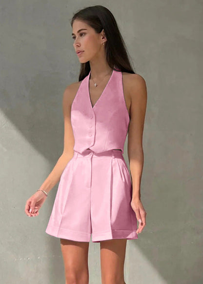 Tailored Halter Vest And Pleated Shorts Set Polyester Blend