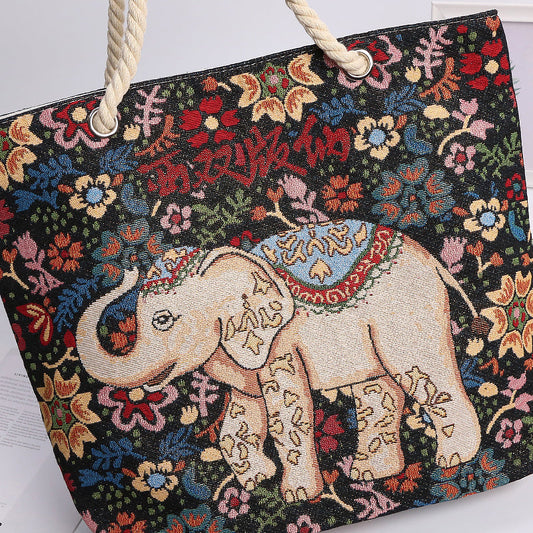 Ethno-Style Black Flower Elephant Double-Sided Jacquard Embroidery With Gold Wire Canvas Chain Tote Shoulder Bag
