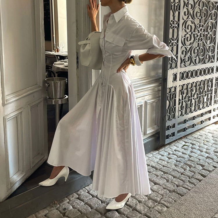 Elegant White Shirt Dress With Pleats And High Waist