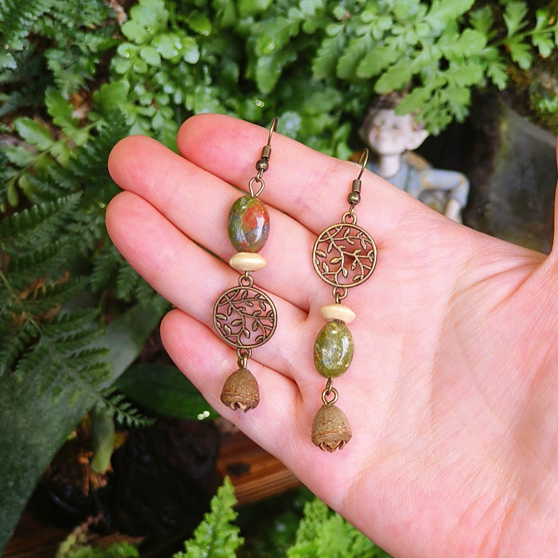 Vintage Leaf Design Handmade Earrings with Natural Green Stone