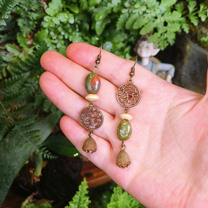 Vintage Leaf Design Handmade Earrings with Natural Green Stone