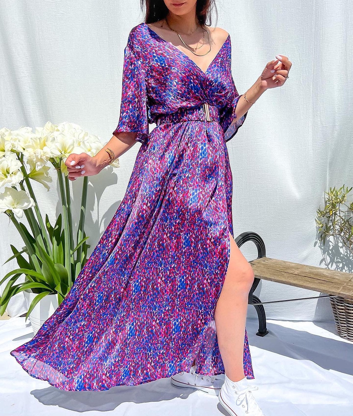 V-Neck Belt Print Dress Long Dress