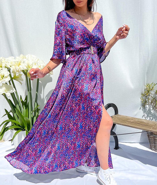 V-Neck Belt Print Dress Long Dress