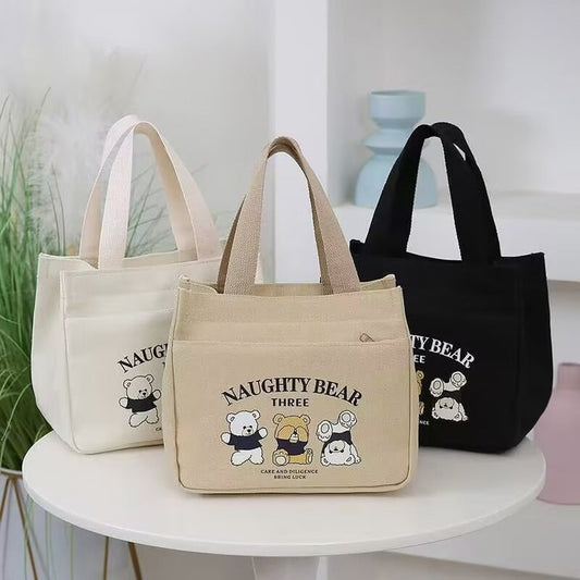 Teddy Bear Canvas Lunch Bag Large Capacity Student Tote Bag
