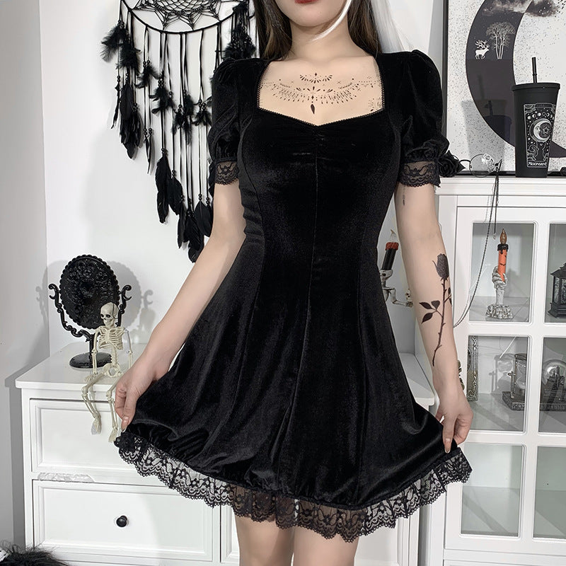 Elegant Lace Trim Puff Sleeve Dress Soft Fabric Casual Style