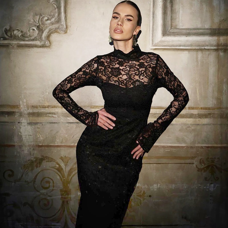 Elegant Black Lace Panel Bodycon Long Sleeve Dress