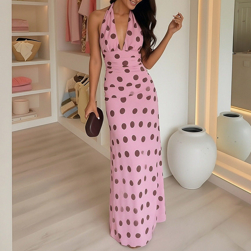 Polka Dot V-Neck Maxi Dress Casual Elegant Style