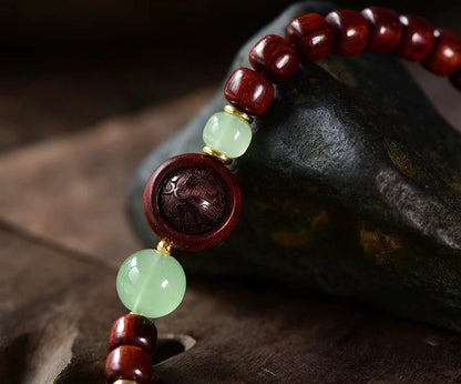 Small Leaf Red Sandalwood Two Loop Bracelet With Small Leaf Carved Beads And Jade Chalcedony Beads