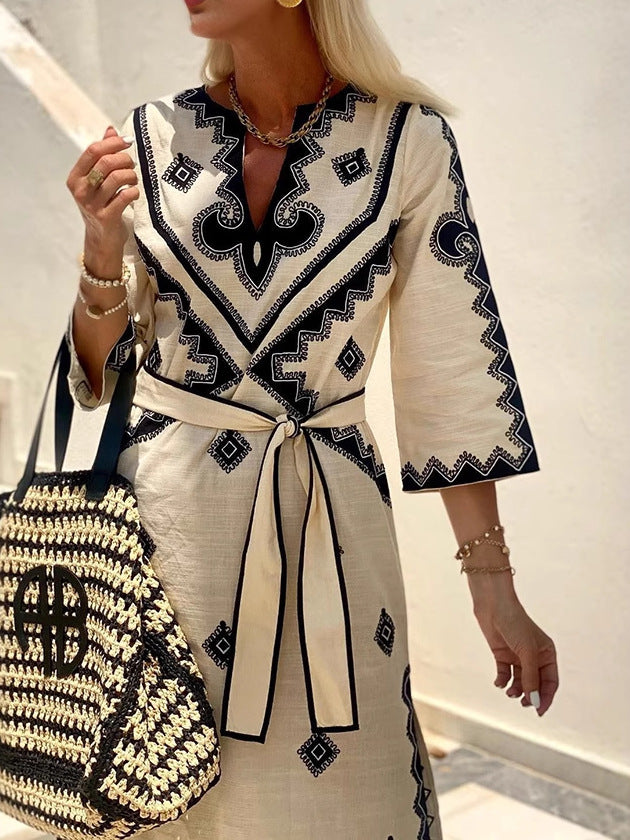 Bohemian Floral Belted Maxi Dress Elegant Commuter Style