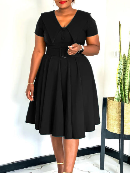 Elegant A-Line Dress With Doll Collar And Flare Skirt