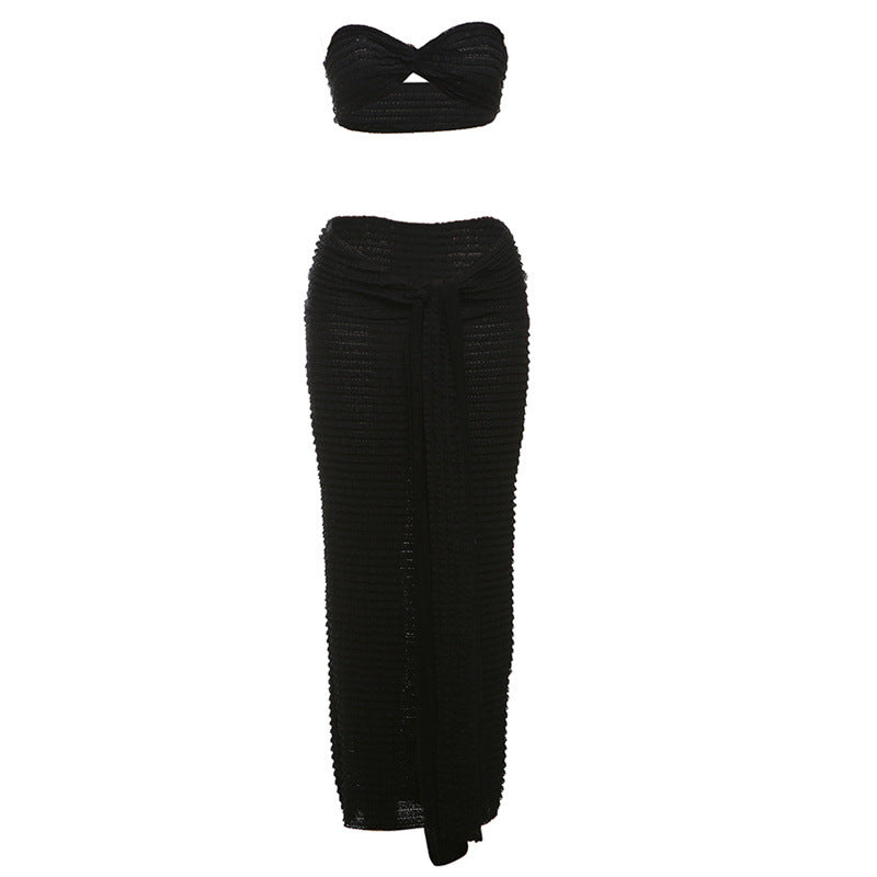 Sexy Lace Strapless Top And High-Waisted Maxi Skirt Set