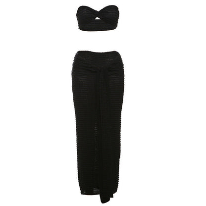 Sexy Lace Strapless Top And High-Waisted Maxi Skirt Set