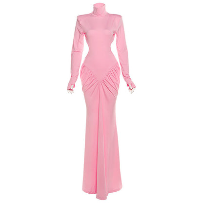 Elegant High Neck Bodycon Long Dress With Backless Design