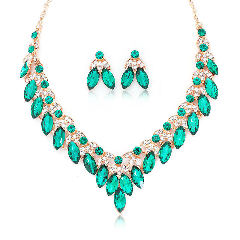 Retro Statement Necklace and Earring Set Crystal Gem Short Chain Women's Fashion Accessories