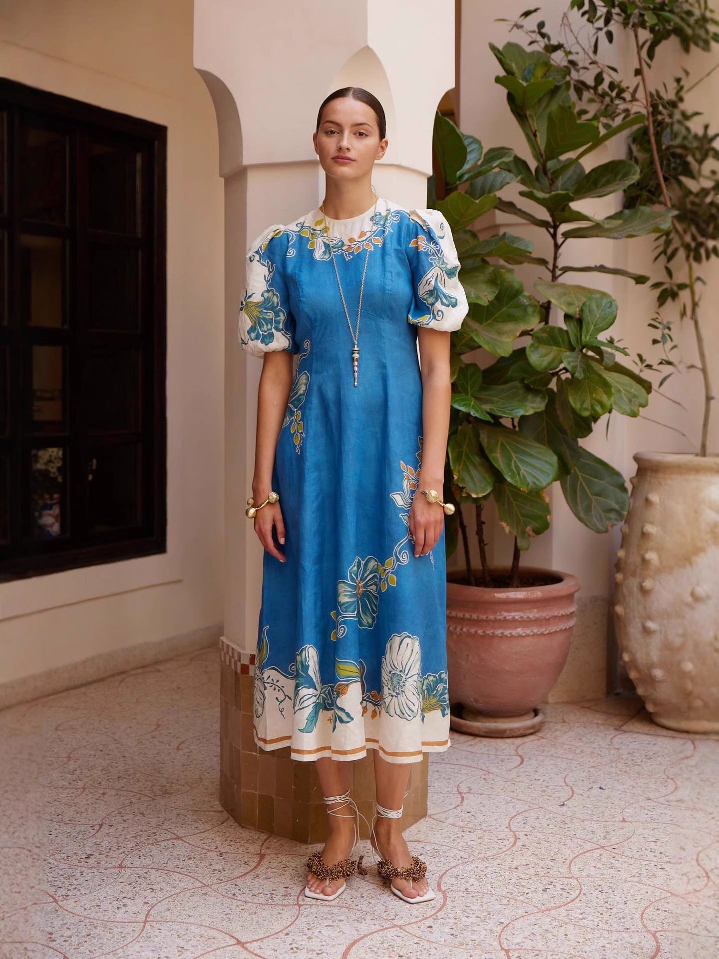 Floral Print Linen Lantern Sleeve Dress Elegant Casual Fit