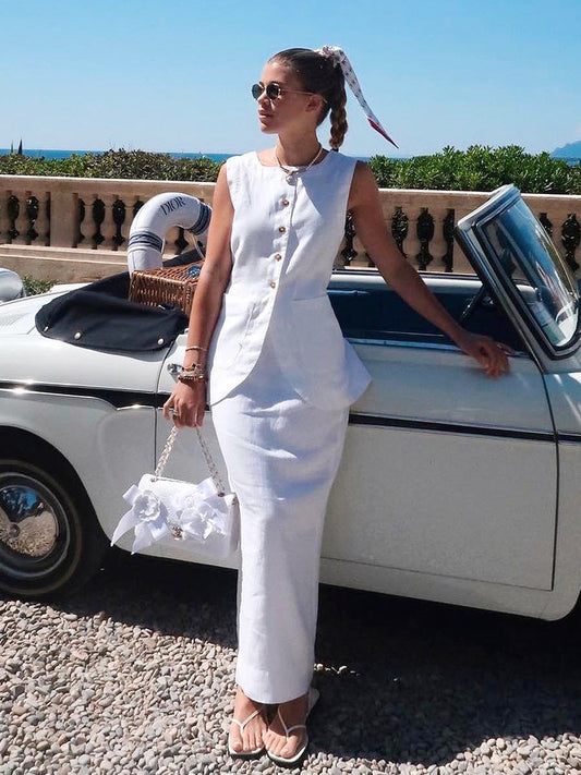 Linen Sleeveless Vest & High-Waisted Skirt Set Casual Summer Outfit