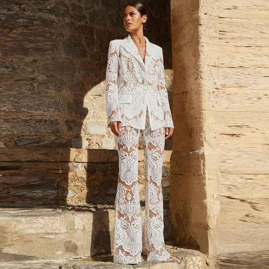 Elegant Embroidered Sequin Blazer And Trousers Set
