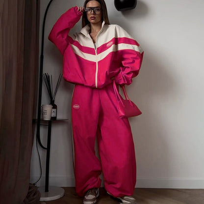 American Street Style Color-Block Sports Jacket and Pants Set