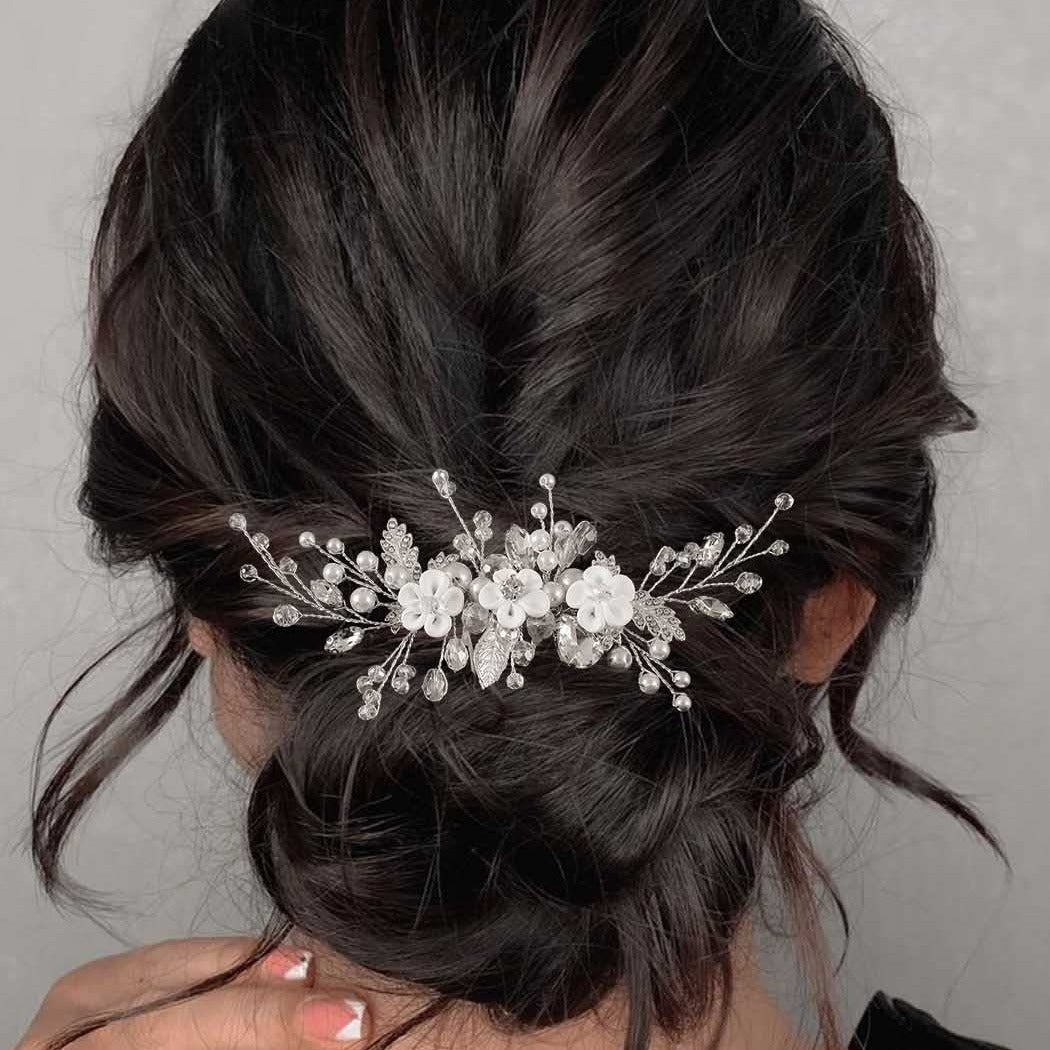 White Floral Bridal Hairpiece Handmade Crystal Beaded Comb