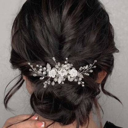 White Floral Bridal Hairpiece Handmade Crystal Beaded Comb