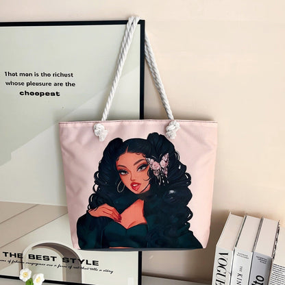 Trendy Cartoon Print Shoulder Tote Bag Durable Oxford Cloth Bag
