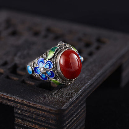 South Red Stone Blue Pattern Ring Lady'S Court Vintage Distressed Band Silver Adjustable Open Ring