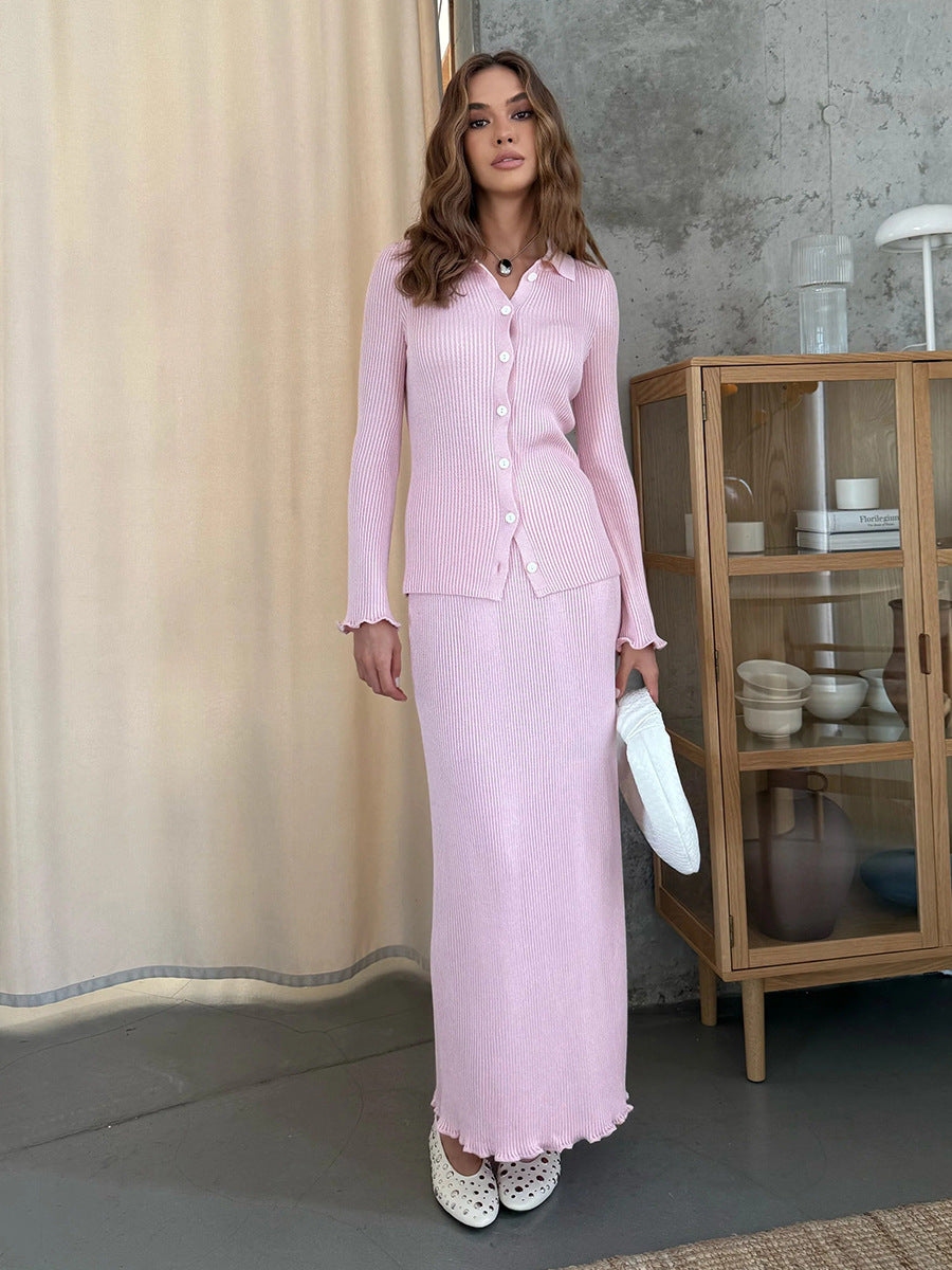 Polo Neck Long Sleeve Cardigan Skirt Set Casual Knitted Sweater