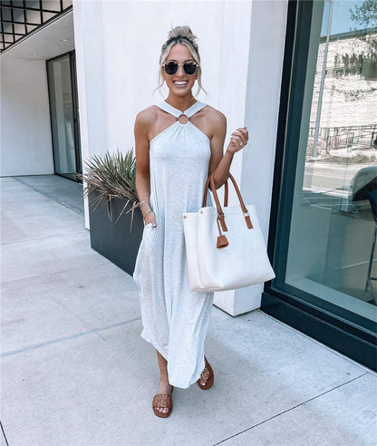 Off Shoulder Casual Comfortable Halter Long Pocket Dress