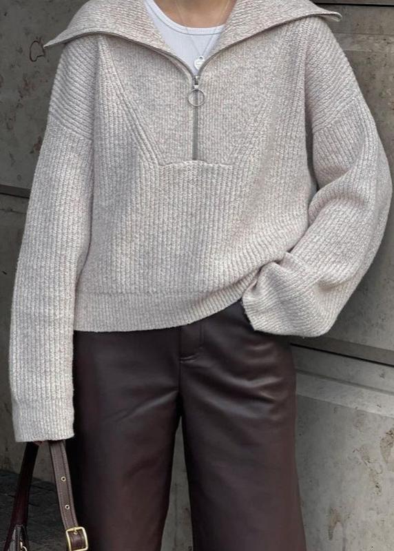 Ribbed Knit Half Zip Sweater With Oversized Collar