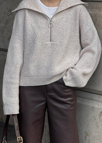 Ribbed Knit Half Zip Sweater With Oversized Collar