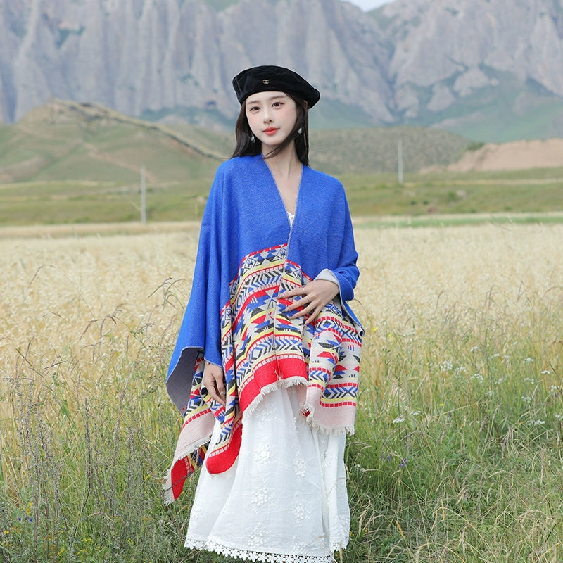 Tibetan Great Retro Totem Red Warm Outer Shawl Women'S Scarf Autumn And Winter Cloak Big Cloak