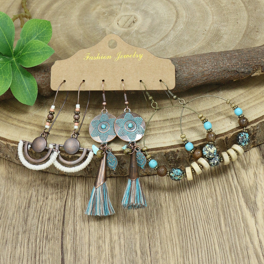 Bohemian Vintage Tassel Earrings Set - 3 Pairs Alloy Leather Dangle