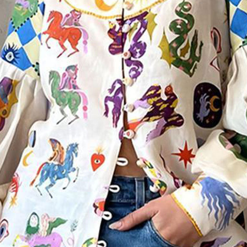 Elegant Lantern Sleeve Printed Blouse for Women