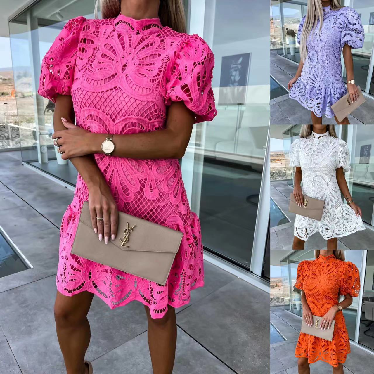 Elegant Hollow Lace Dress with Ruffles for Commuting