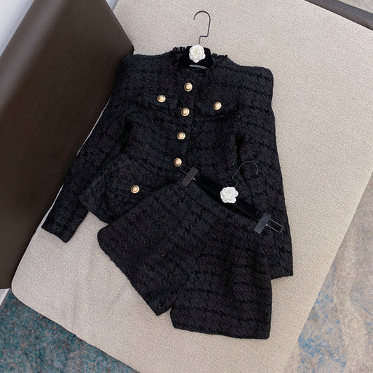 Pattern White Tweed Jacket & Shorts Set