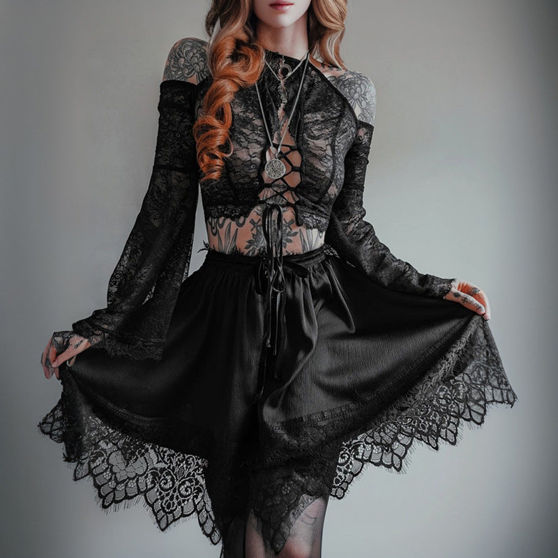 Sheer Lace-Up Top with Bell Sleeves for Trendy Style